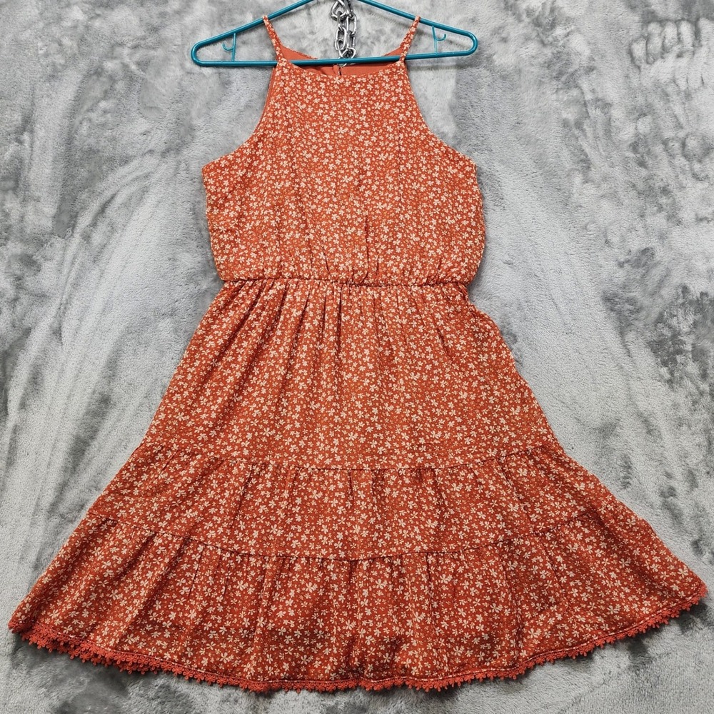 BCX Dress Womens‎ S Orange Floral Tiered Halter Mini Sleeveless Chiffon Crochet